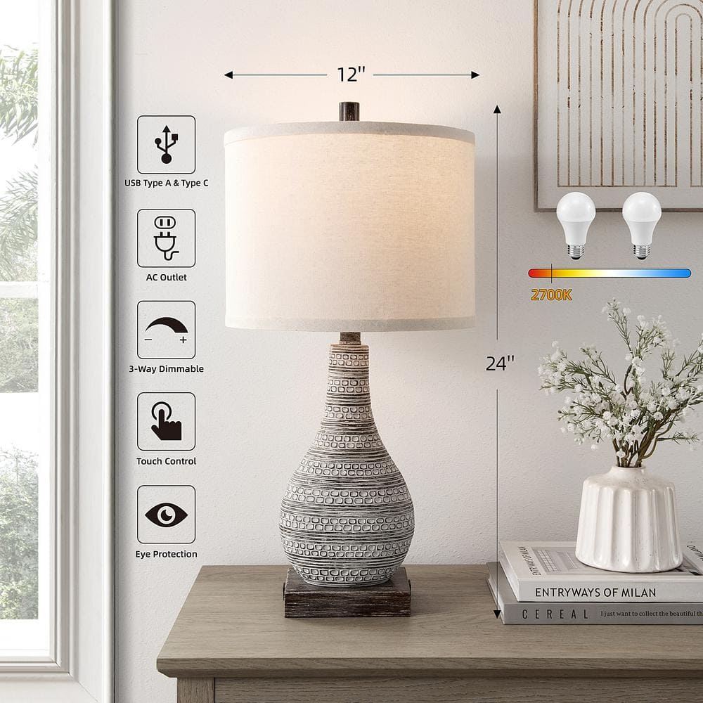 Sana 24'' Distressed Brown Farmhouse Table Lamp Set with USB Ports
