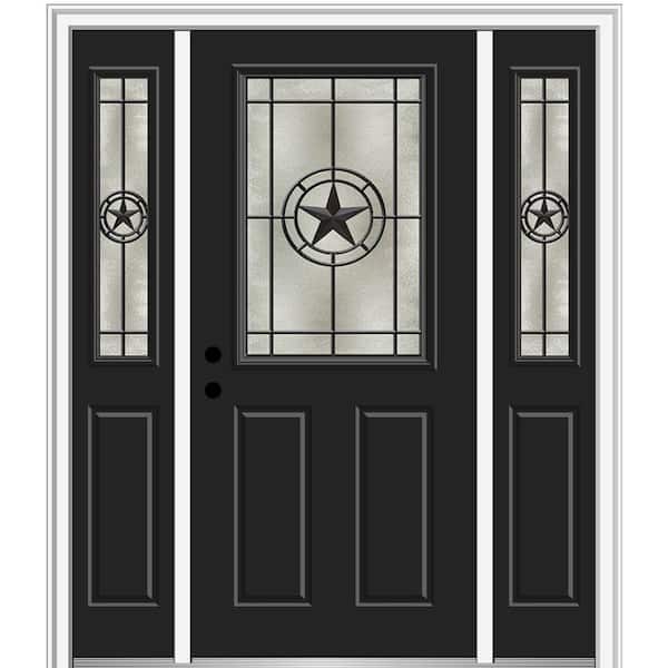 MMI Door Elegant Star 64.5 in. x 81.75 in. 1/2 Lite Decorative Glass Black Painted Fiberglass Prehung Front Door