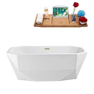 63 in. x 29 in. Acrylic Freestanding Soaking Bathtub in Glossy White with Brushed Brass Drain