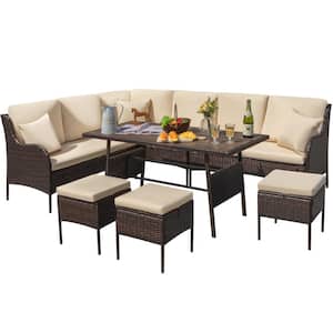 7-Piece Wicker Patio Outdoor Dining Sectional Seating Set withTable, Ottoman and Beige Cushion
