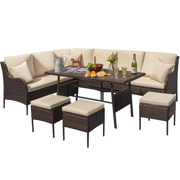 Foredawn 7-Piece Wicker Patio Outdoor Dining Sectional Seating Set withTable, Ottoman and Beige Cushion