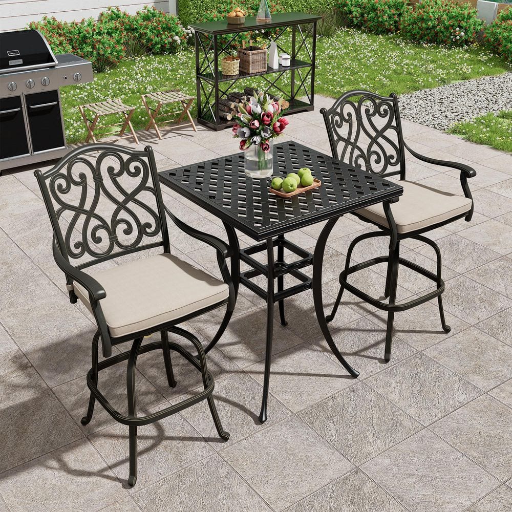 Mondawe 3-Piece Black Cast Aluminum Square Table Outdoor