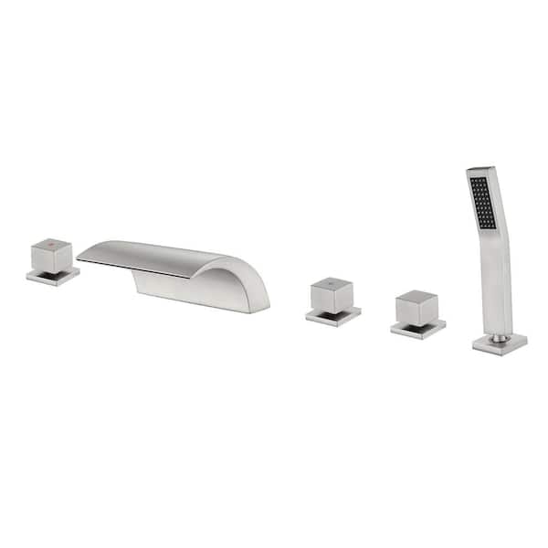 AIMADI 3-Handle Waterfall Deck-Mount Roman Tub Faucet with Hand Shower Modern Brass 5-Hole Bath Tub Fillers in Brushed Nickel