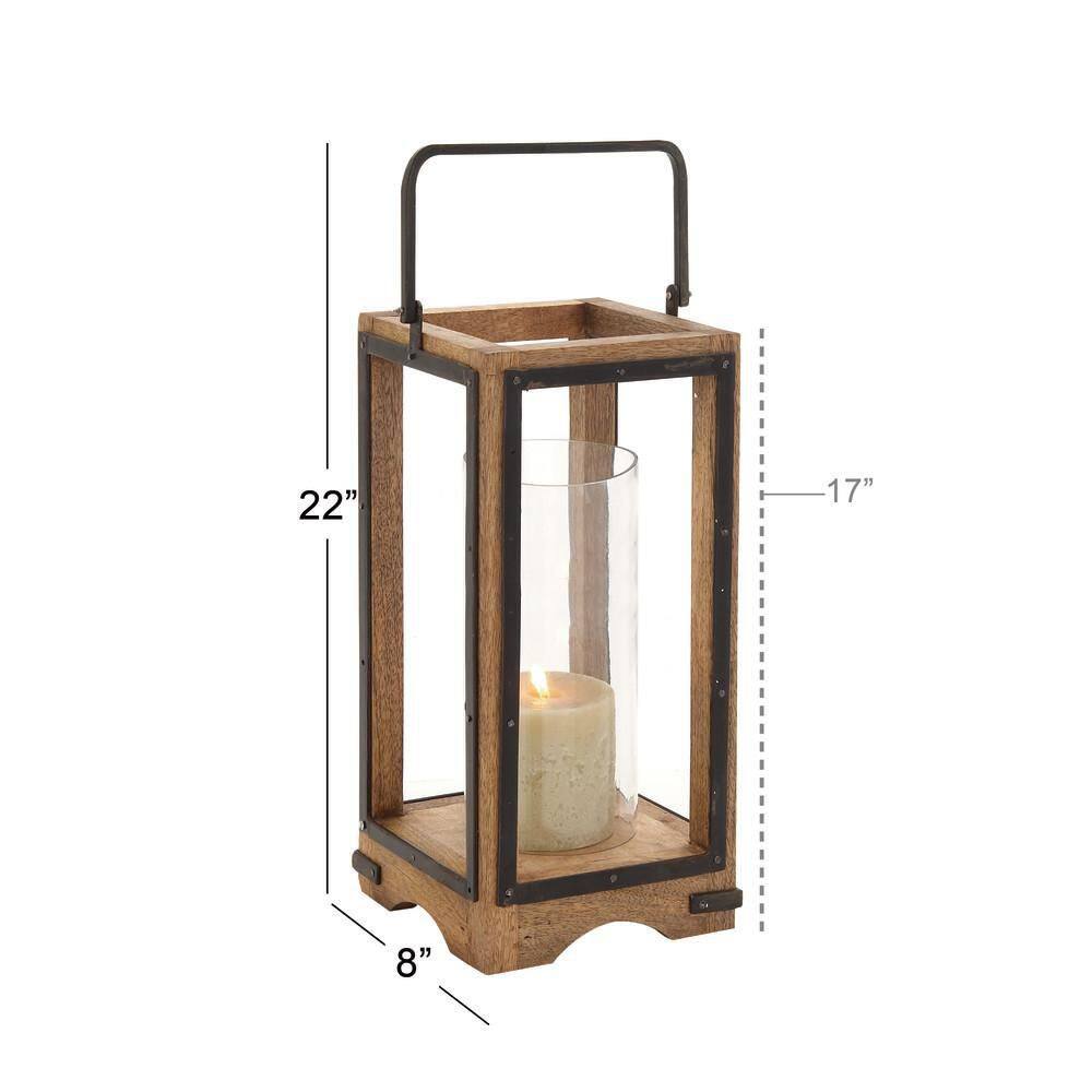 Elegant Wood and Glass Hurricane Candle Lantern, 26" Brown