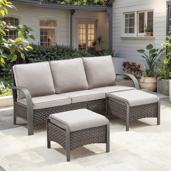 Opohoro ArcMetal 3-Piece Brown Wicker Outdoor 3-Seat Sectional Couch Sofa with Beige Cushions and Ottomans