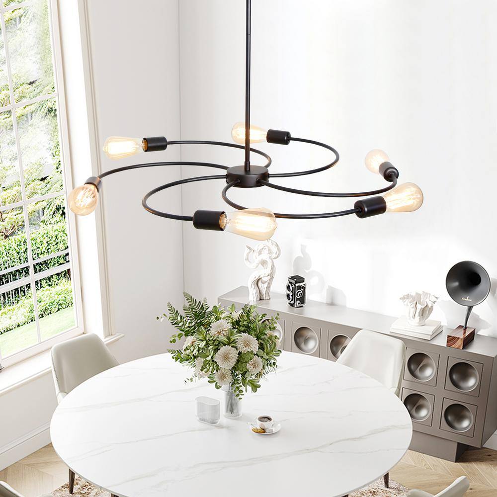 Black Metal 6-Light Sputnik Chandelier with Spiral Design