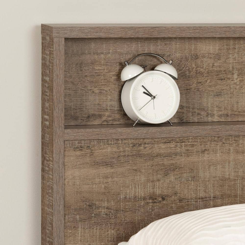 Weathered Oak Full Platform Bed with Upholstered Headboard and Drawer