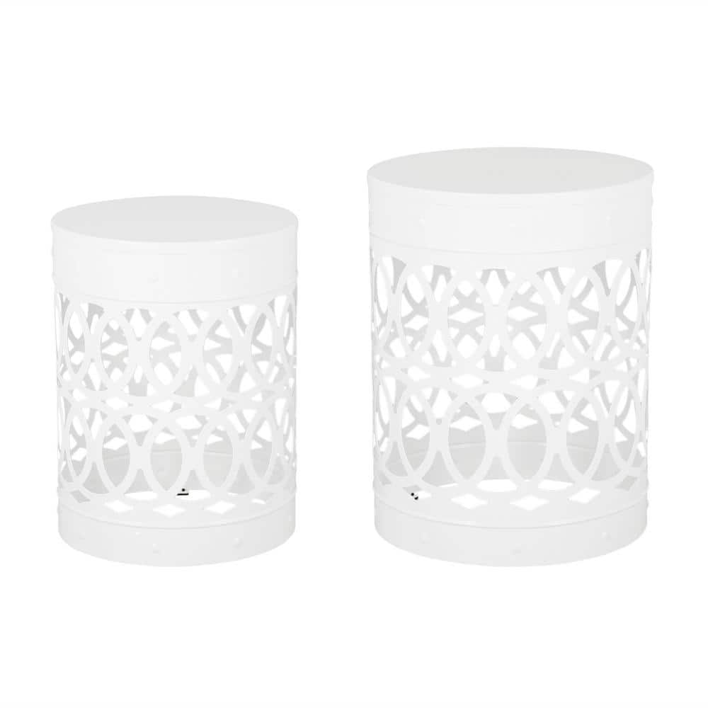 Noble House Holt White Cylindrical Metal Outdoor Side Table (Set of 2