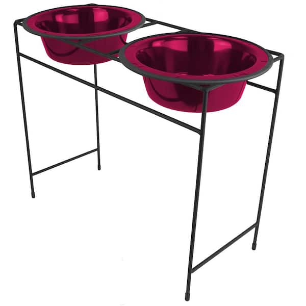 Platinum Pets Modern Double Diner Feeder with Stainless Steel Cat/Dog Bowls, Raspberry Pop