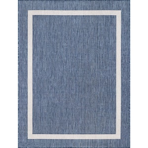 Waikiki Blue/White 8 ft. x 10 ft. Bordered Indoor/Outdoor Area Rug