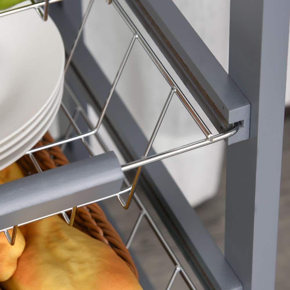 Gray Wooden Rolling Kitchen Cart with Storage Drawer and Baskets