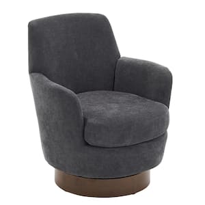 Luxurious Polyester Swivel Barrel Chair with Walnut Stainless Steel Base - Dark Grey