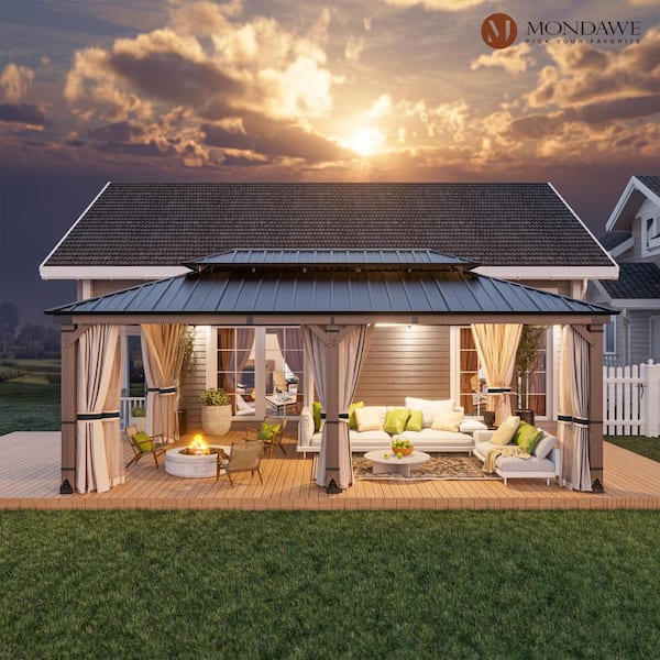Cedarfort 12 ft. x 20 ft. Outdoor Cedar Wood Frame Hardtop Gazebo with Galvanized Steel Roof, Netting and Curtains