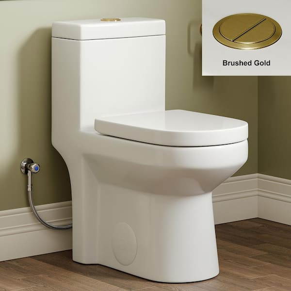 Hanikes 1-Piece 1.1/1.6 GPF Dual Flush Compact Round Toilet in White, Seat Included with Brushed Gold Button