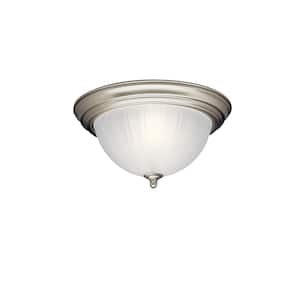 Independence 13.25 in. 2-Light Brushed Nickel Traditional Hallway Flush Mount Ceiling Light with Stain Etched Glass