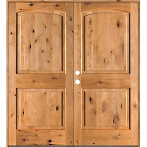 64 in. x 80 in. Rustic Knotty Alder 2-Panel Arch Top Clear Stain Right-Hand Inswing Wood Double Prehung Front Door