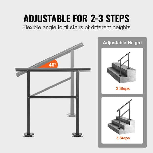 VEVOR 36 in. W x 35 in. H Adjustable Handrail Fits 2 Steps or 3 Steps Aluminum Handrails for Outdoor Steps, Black
