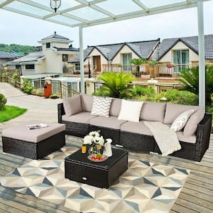 6-Piece Wicker Patio Conversation Set with Brown Cushion and Brown PE Rattan with Table