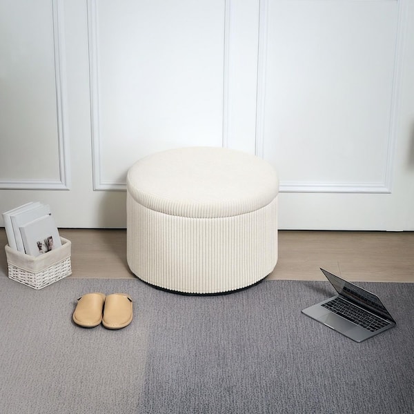 Storage Ottoman with Lid, 24 Inches Round Pouf Ottoman with Storage, Upholstered Polyester Foot Rest Stool, Beige