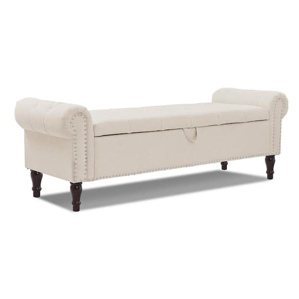 Cerella 63 in. Linen Tufted Fabric Upholstered Storage Bedroom Bench Rolled Arm Button Tufted Storage Ottoman