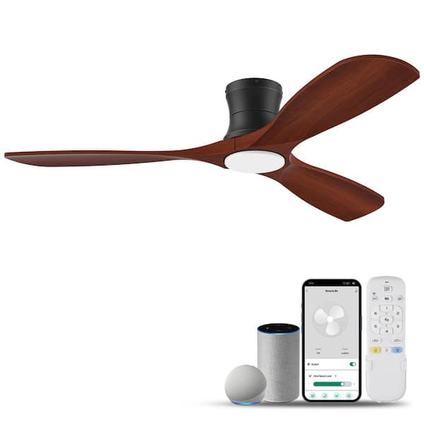 52 in. Wood Smart Outdoor Indoor Black Flush Mount Ceiling Fans w/Lights Remote,WIFI Alexa App workable,Quiet DC Motor