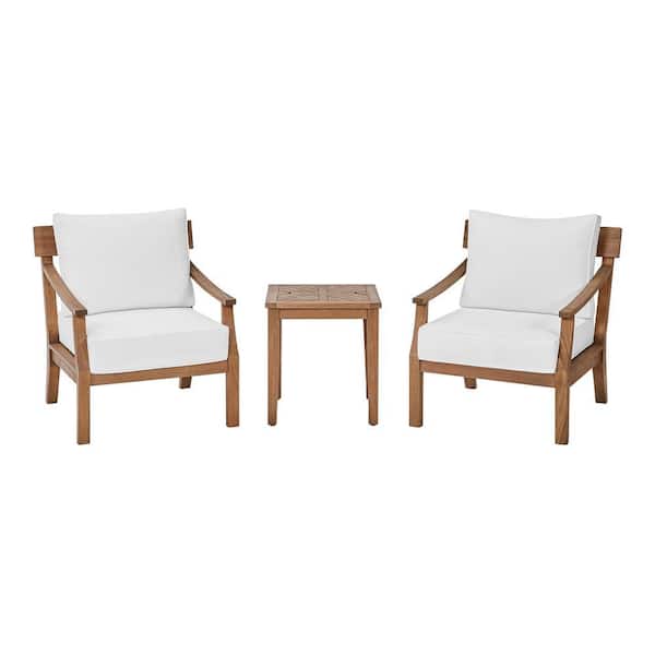 Hampton Bay Woodford 3-Piece Eucalyptus Wood Square Outdoor Bistro Set with CushionGuard Bright White Cushions