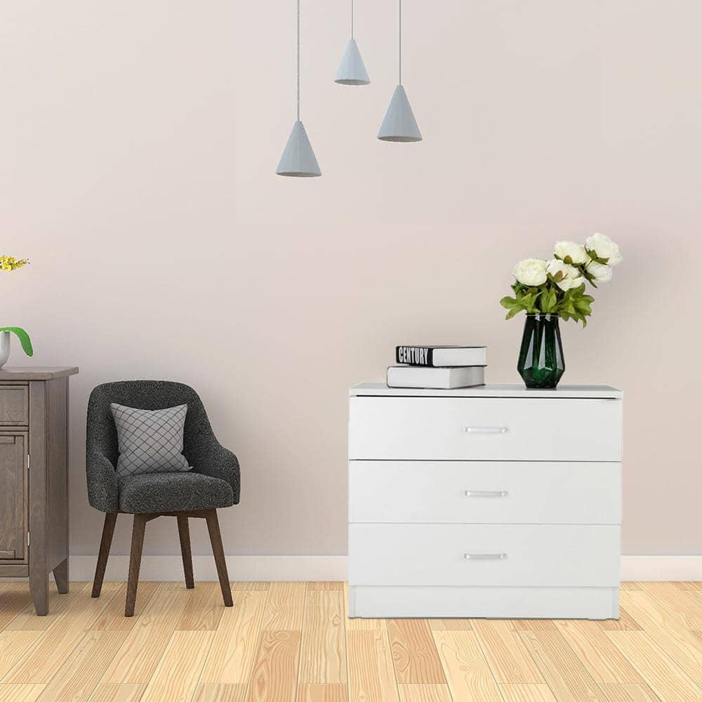White P2 Wood 3-Drawer Storage Dresser Cabinet
