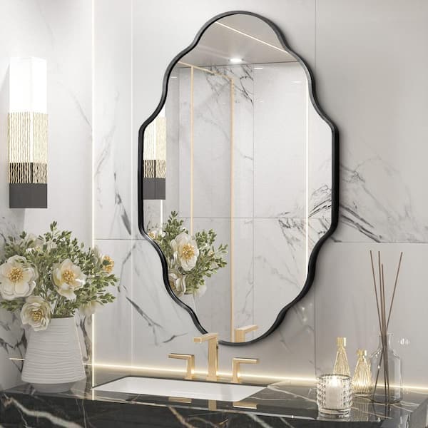 26 in. W x 46 in. H Scalloped Black Aluminum Alloy Framed Wall Mirror Irregular Decorative Wall Mirror