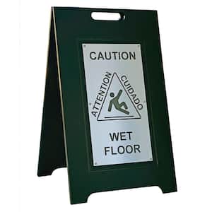 24 in. Black 2-Sided Recycled Plastic With Silver Insert Panel Bilingual Wet Floor Sign