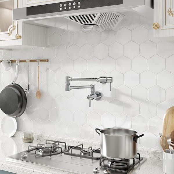 1.8 GPM Wall Mounted Mount Pot Filler Kitchen Faucet with Folding Stretchable Double Joint Swing Arms in Chrome Plated