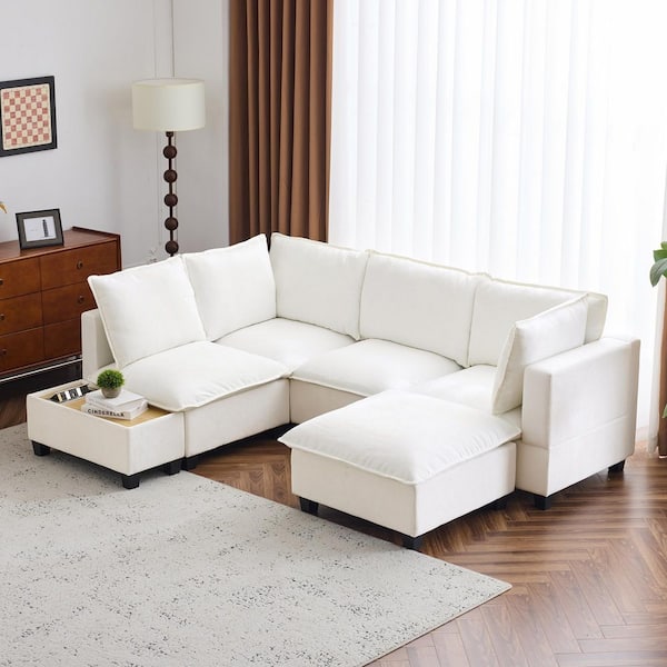 Trestlen 90 in. Chenille Upholstered Modular 5-Seater Sectional Sofa in. White with Coffee Table, Hidden Charging Ports
