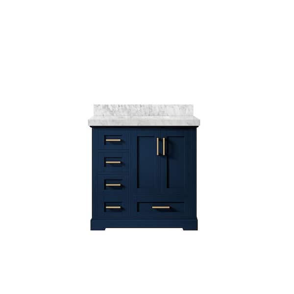 Willow Collections Boston 36 in. W x 22 in. D x 36 in. H Single Sink Bath Vanity Center in Navy Blue with 2" Carrara Marble Top