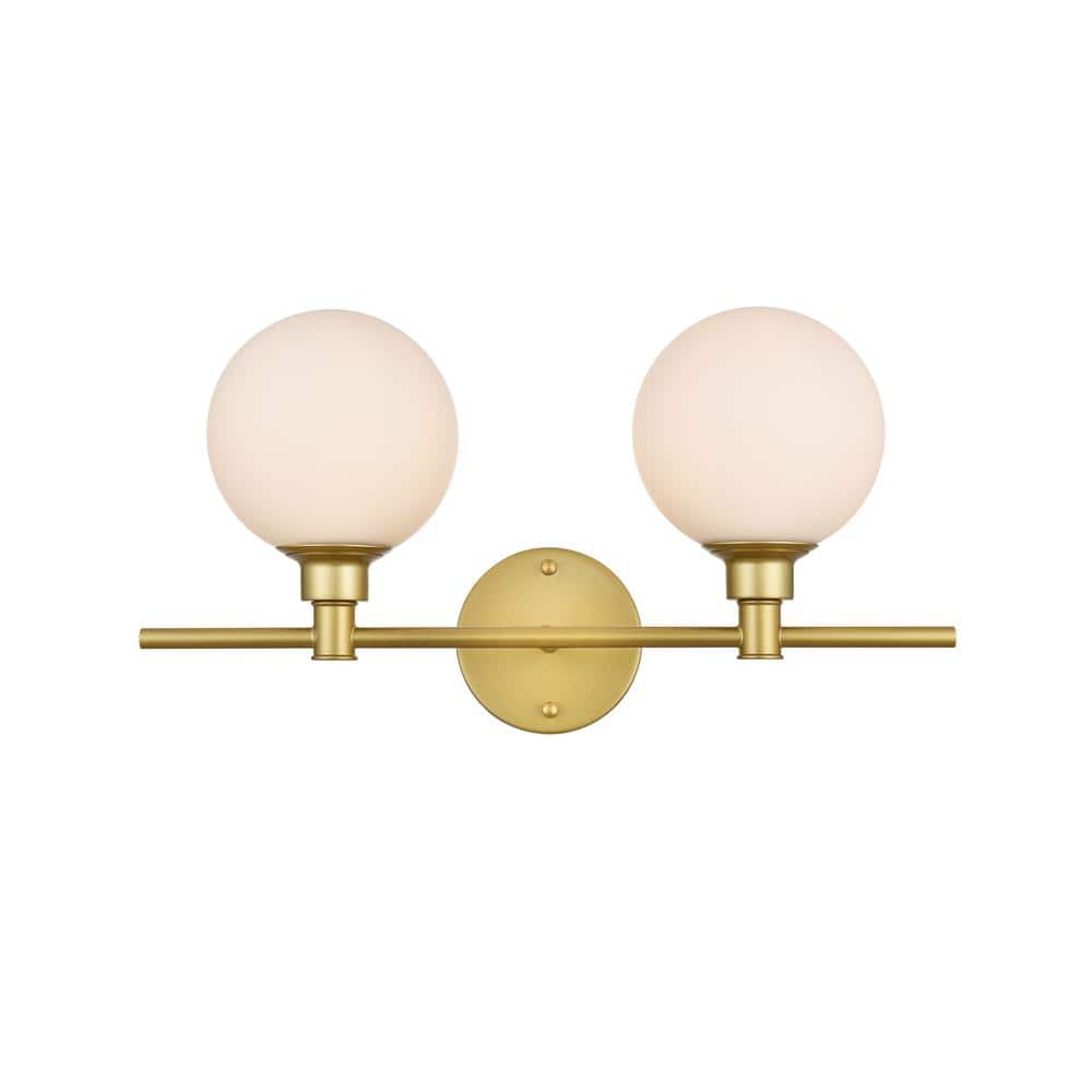 Simply Living 19 in. 2-Light Modern Brass Vanity Light with Frosted White Round Shade