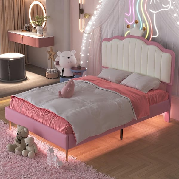 Harper & Bright Designs Pink and White Wood Frame Twin Size PU Upholstered Platform Bed with Princess Crown Headboard, LED Lights, Metal Legs