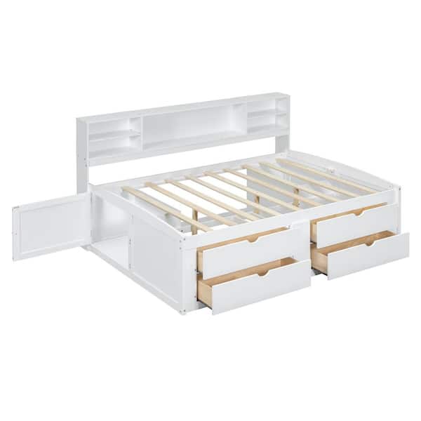 Nestfair White Full Size Wood Daybed with 2 Bedside Cabinets, Upper Shelves and 4 Drawers