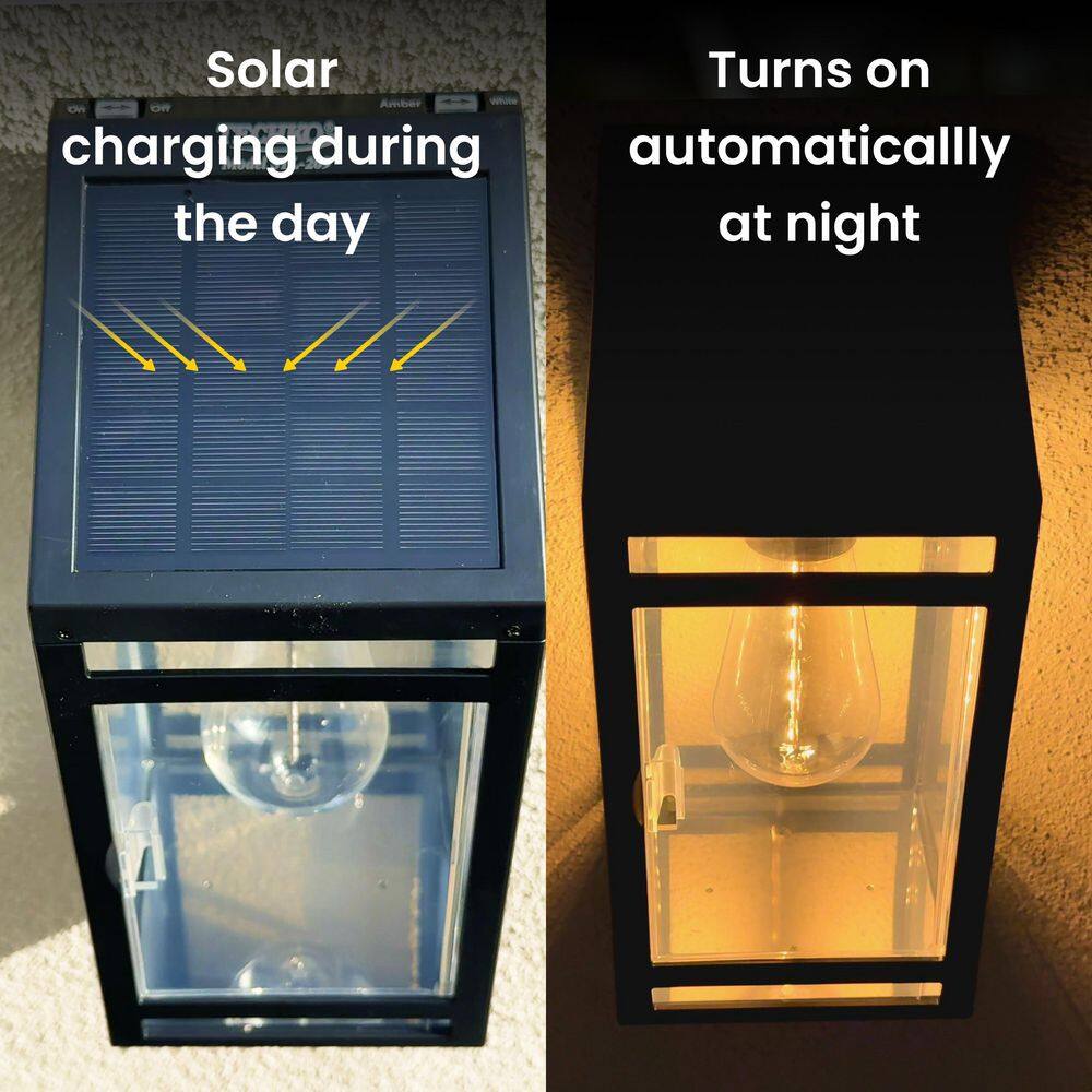 Black Solar LED Wall Lantern with Clear Panels
