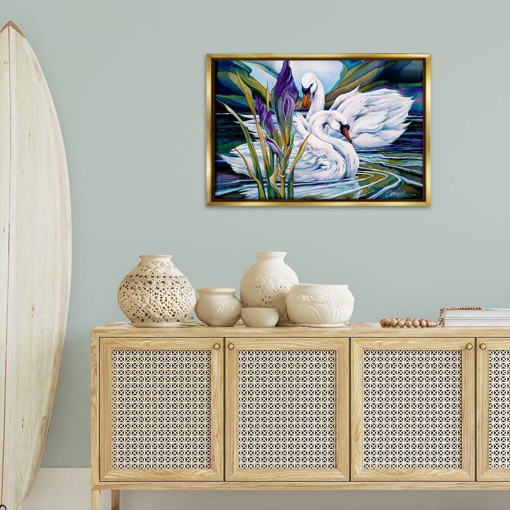 Swans with Abstract Pond Ripples by Jody Bergsma Gold Floater Frame Animal Graphic Art Print 21 in. x 31 in. price history on PriceWatchPro