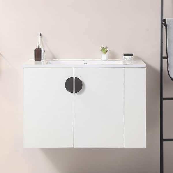 grossag 30 in. W x 18 in. D x 19 in. H Single Sink Floating Bath Vanity in White with White Ceramic Top, Right Open Shelves