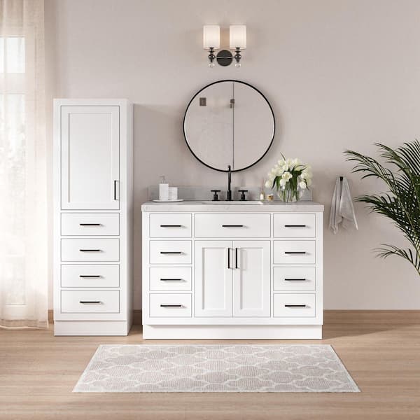 Hepburn 48 in. Single Sink Bath Vanity with Carrara White Quartz Top and Linen Cabinet in White