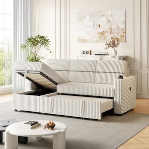 Beige 85 in. Corduroy Chenille 3 Seater Sofa Bed with Storage Chaise, Square Handrail, 2 Cup-holder and USB Charge Port