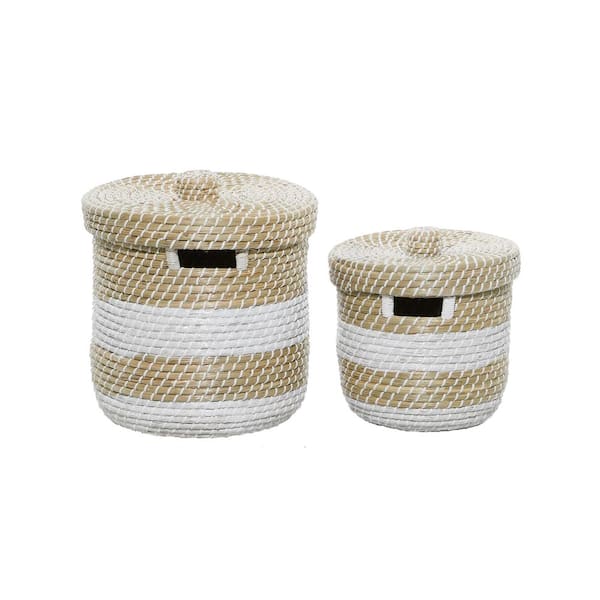 Litton Lane Small White And Natural, Round Lidded Baskets