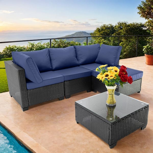 Unbranded Dark Coffee 5-Piece Wicker Outdoor Sectional Set, Patio Rattan Sofa Set with Dark Blue Cushions for Garden, Backyard