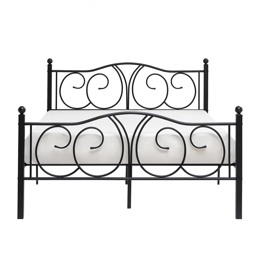 Victorian Black Metal Queen Platform Bed Frame with Headboard and Footboard
