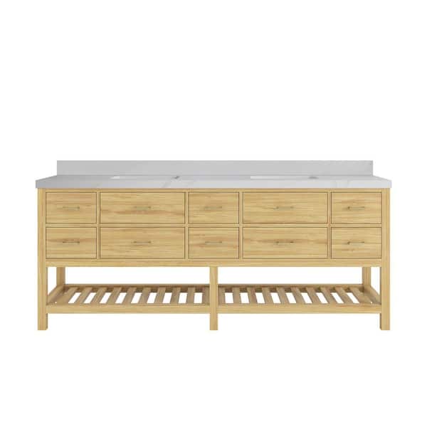 Parker Teak 84 in. Double Sink Freestanding Light Natural Bath Vanity Regular Calacatta Sienna Quartz Top Unassembled