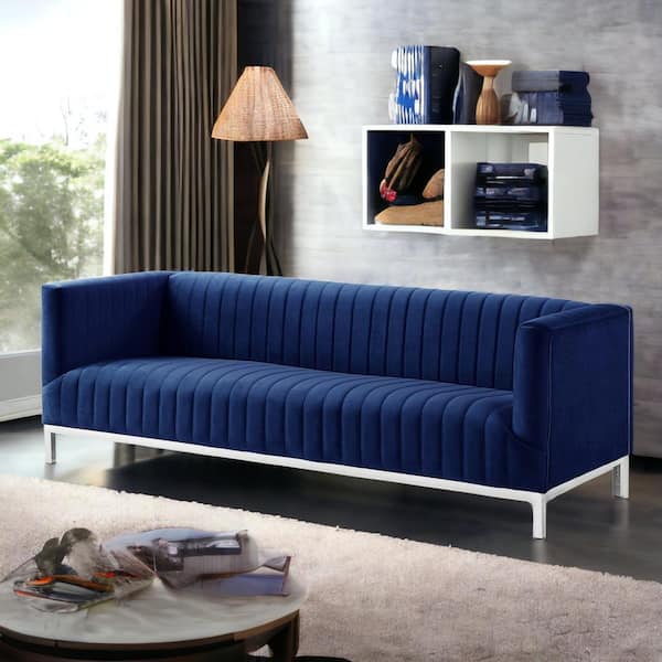 HomeRoots Amelia 85.4 in. Square Arm Velvet Rectangle Sofa in Navy Blue