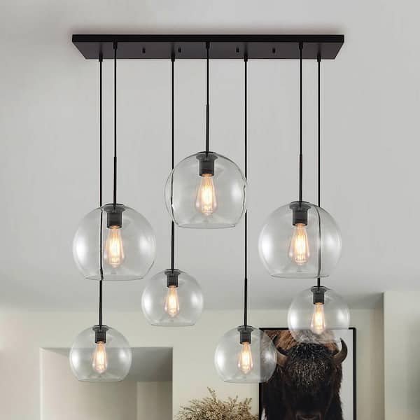Reverso 7-Light 41.7 in.W Matte Black Waterfall Cluster Rectangler Large Modern Chandelier with 2-Size Globe Clear Glass