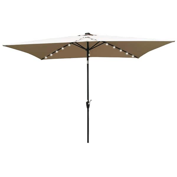 10 ft. Rectangular Patio Umbrella, Patio Solar LED Lighted Outdoor Umbrellas with Crank and Push Button Tilt in Mushroom