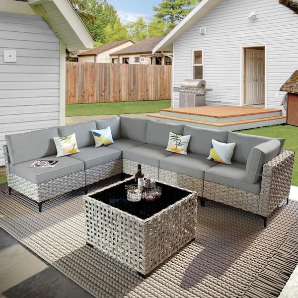 OVIOS Supery Gray 7-Piece Wicker Patio Conversation Seating Set with ...