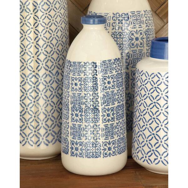 Litton Lane 14 in. Modern Bottle-Shaped Ceramic Decorative Vase in Blue