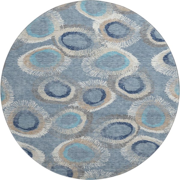 Mayfield Premium Machine Washable Abstract AMF2278 Denim 8 ft. x 8 ft. Round Rug